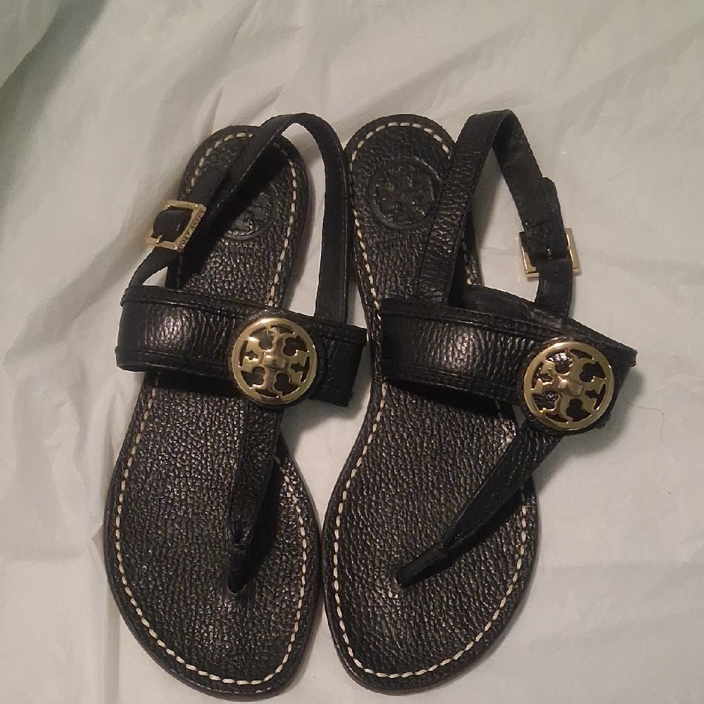 Tory Burch Black Leather Sandals with Gold Logo Medallions